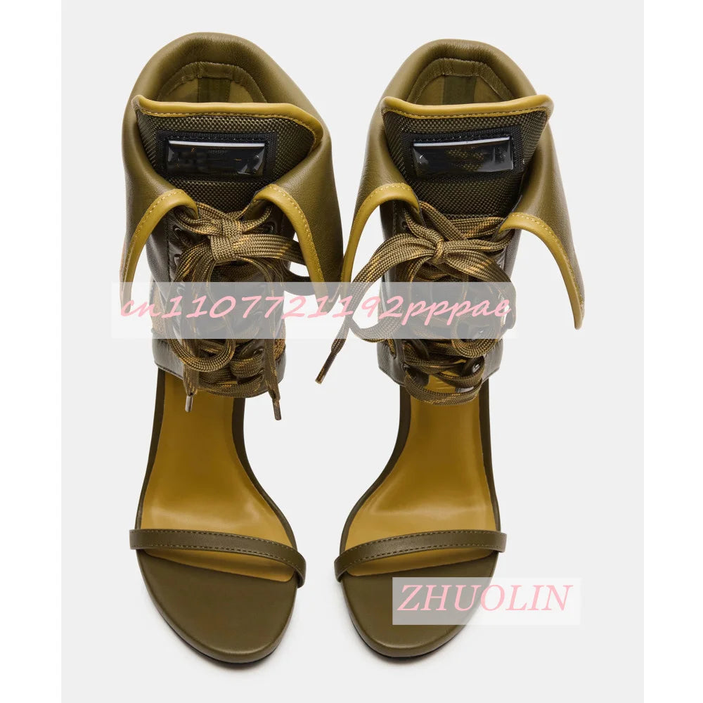 Army Green Open Toe Mesh Lace Up Gladiator High Heel Sandals for Women