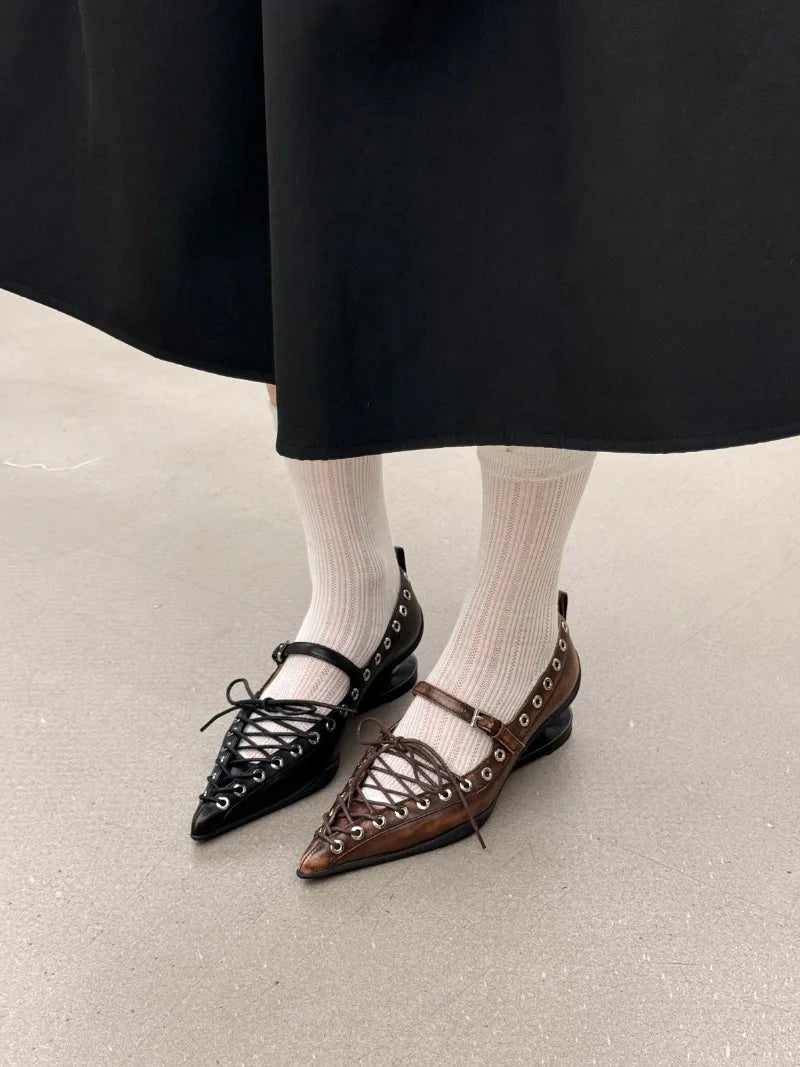 Retro Pointed Toe Lace-Up Rivet Detail Pumps for Women
