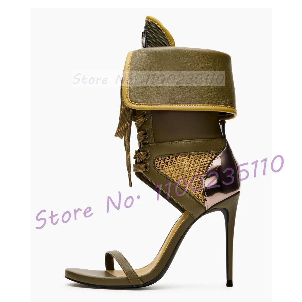 Army Green Lace Up Ankle Strap High Heel Sandals For Women