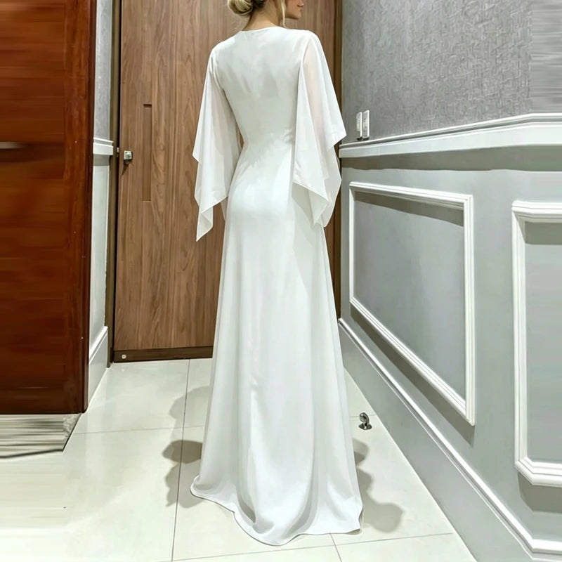 Elegant O-neck Cover Up Playsuit Match Off Shoulder Romper Women Fashion Chiffon Overalls Long Sleeve Solid Wide Legger Jumpsuit
