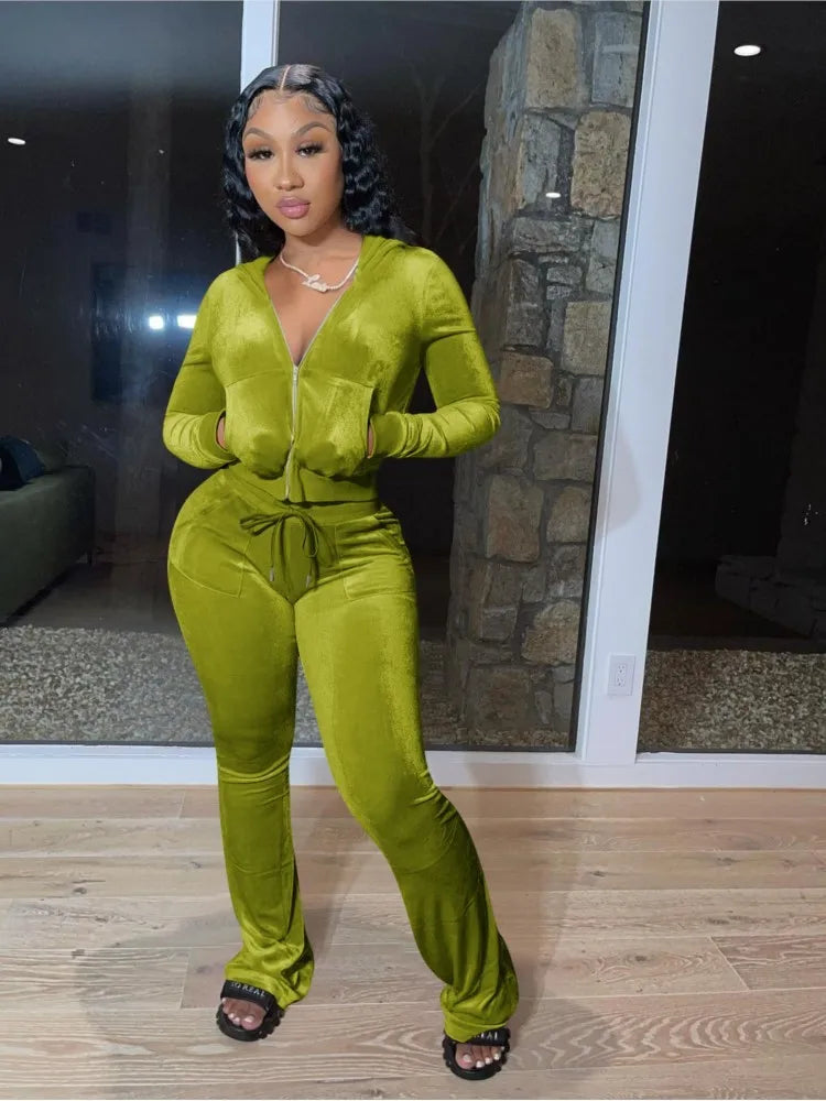 Hooded Zip Top And High Waist Pants Outfit Set for Women