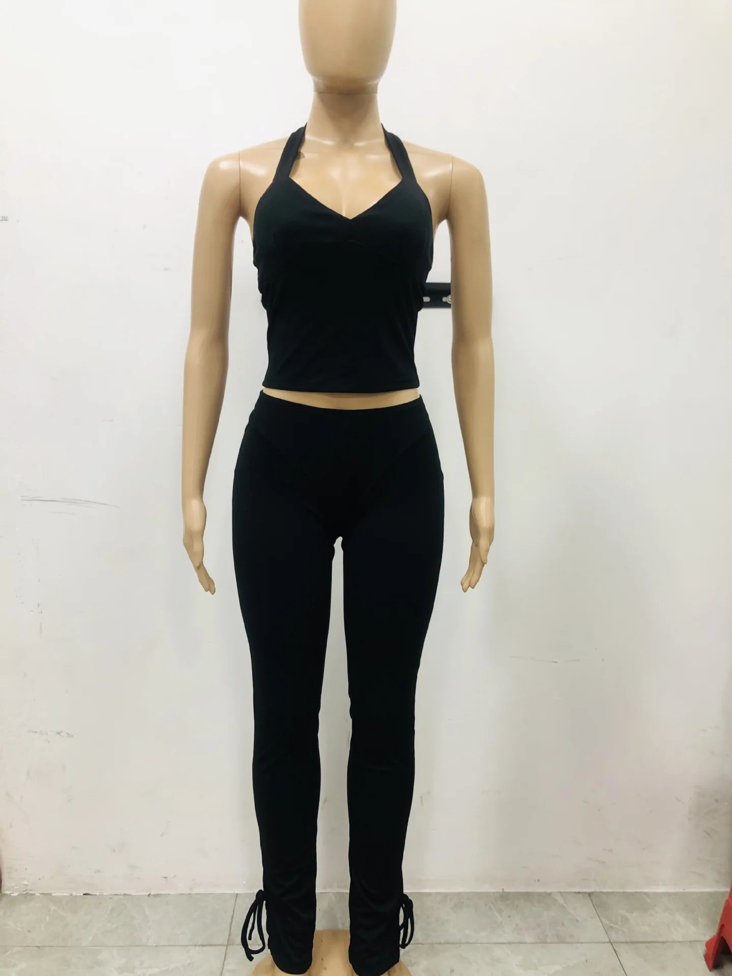 Solid Color Halter Neck Crop Top Two Piece Set for Women
