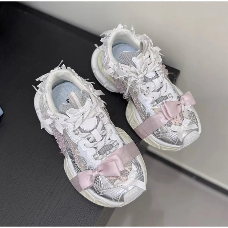 Luxury Brand Thick-soled Sports Shoes Women Bow Tie Casual Run Shoe Versatile Mesh Breathe Comfort Outdoor Large Size Women Shoe