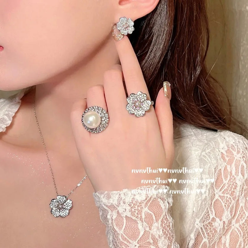 Cherry Blossom Zircon Jewelry Set With Ring Necklace And Earrings for Women