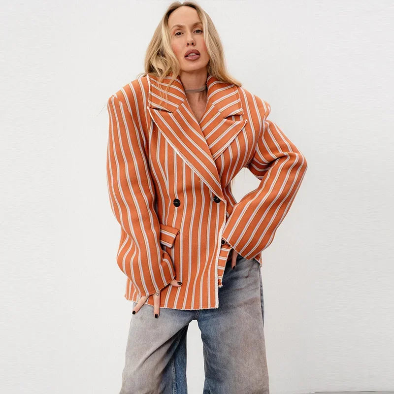 Striped Double-Breasted Blazer With Lapel for Women