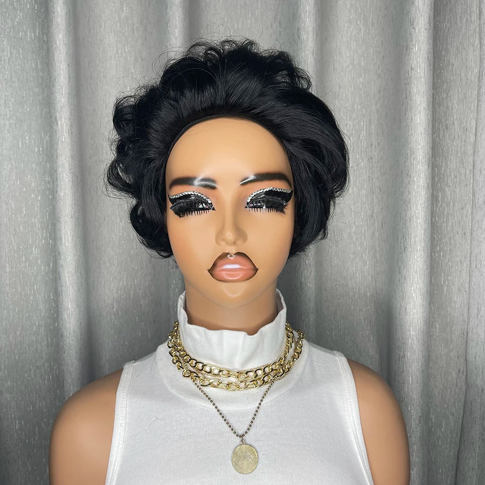 Pixie Cut Wig Brazilian Human Hair Wigs Short Curly Bob with Pre Plucked Bangs for Black Women Full Machine Made Water Wave Wig