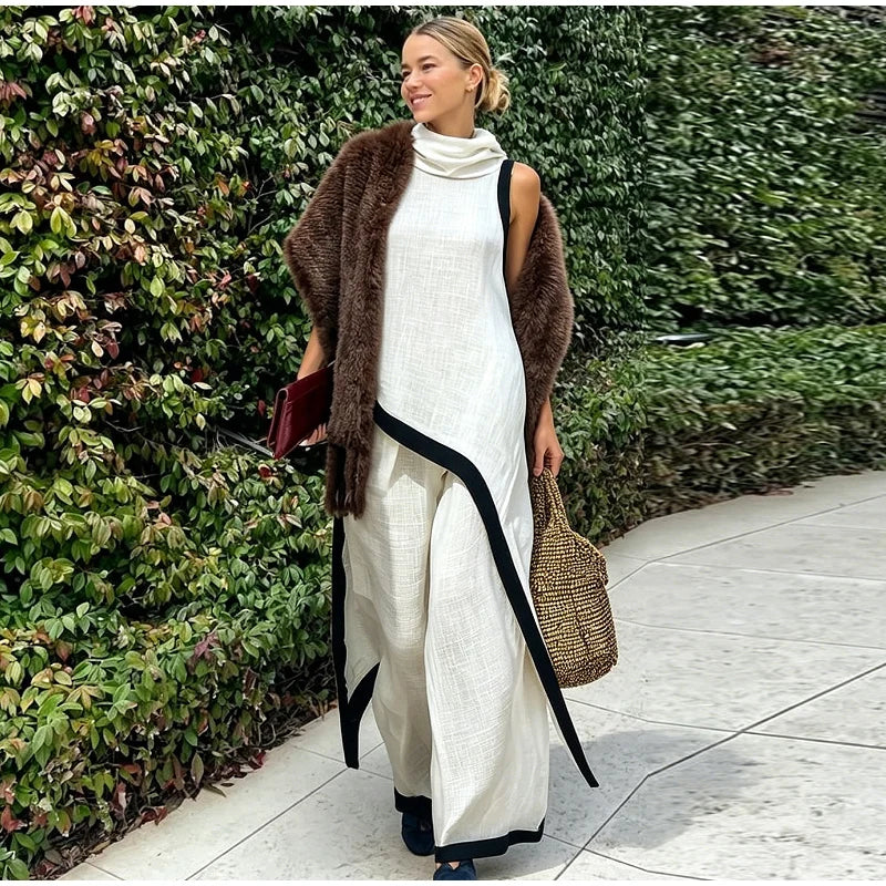Casual Solid Blouse and Wide Leg Trousers for Women