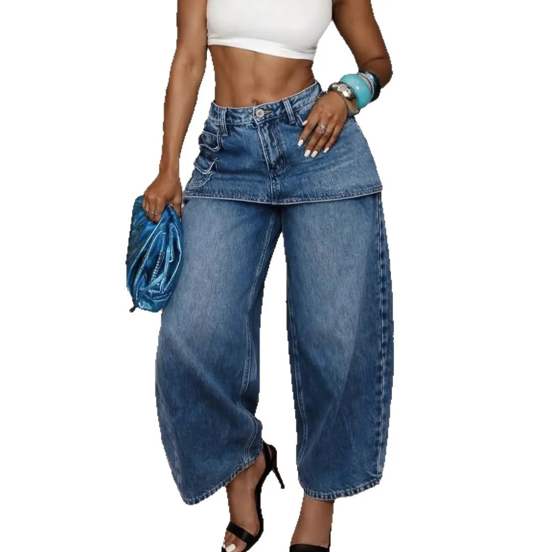 High Waisted Wide Leg Denim Jeans With Detachable Skirt For Women