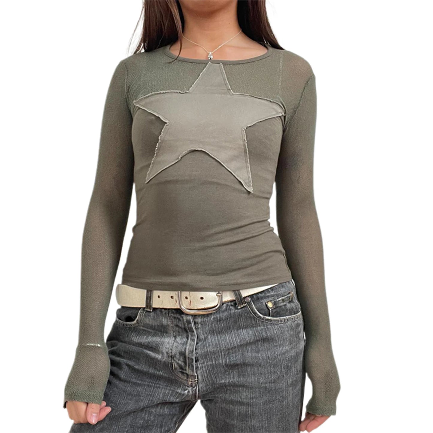 Women'S Basic T-Shirt Star Shaped Sticker Top Slim Fit Round Neck Long Sleeved T-Shirt Autumn Retro Casual Street Wear top