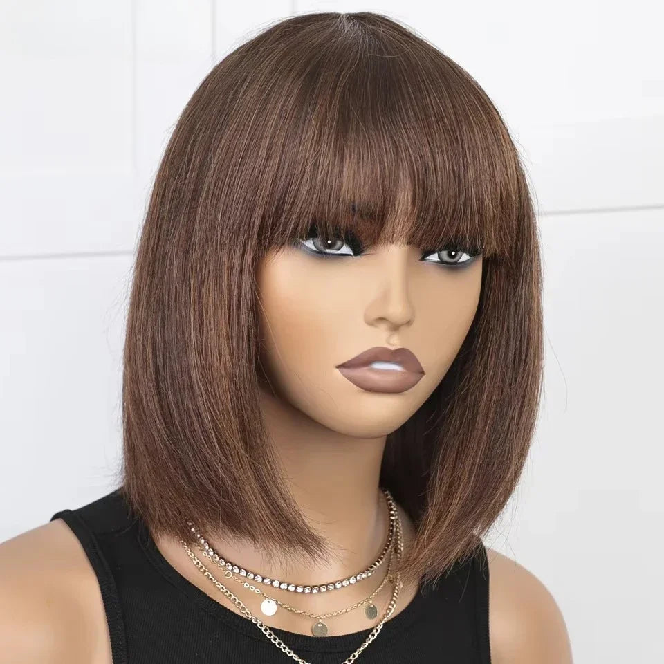Short Straight Human Hair Bob Wig With Bangs for Women