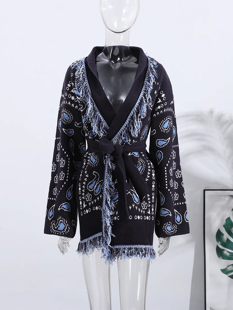 Vintage Patchwork Lace Up Long Sleeve Cardigan For Women