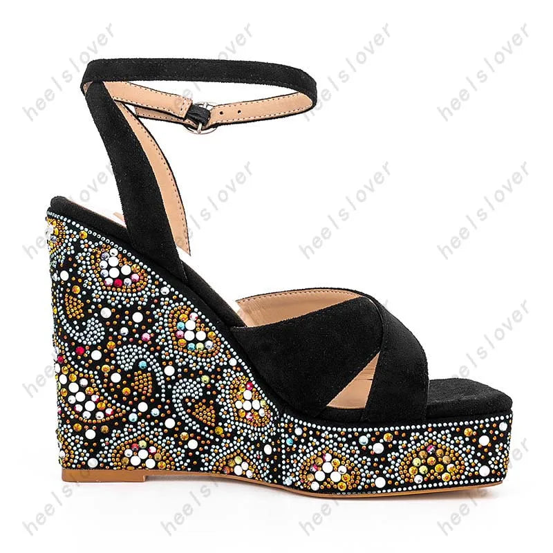 Elegant Rhinestone Square Toe Platform Wedge Sandals for Women