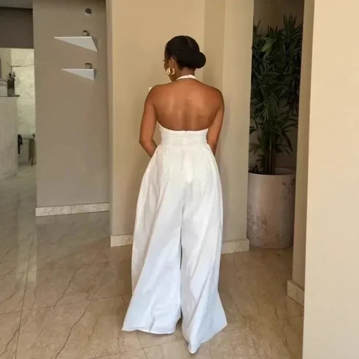 Elegant V-Neck Halter Solid Wide-Leg Jumpsuit for Women