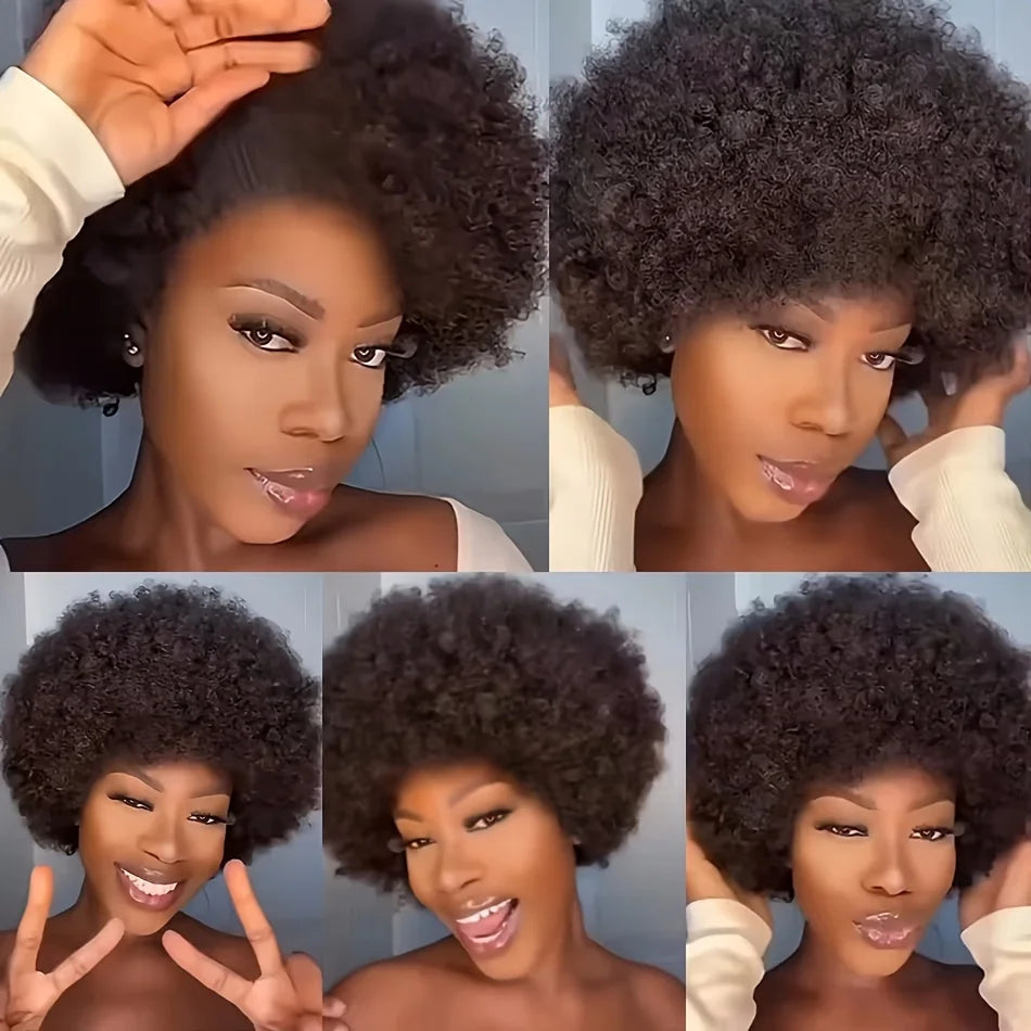 Newmi Hair Fluffy Kinky Curly Human Hair Wig With Thick Bangs 180% Density Glueless Brazilian Virgin None Lace Wig Natural Color