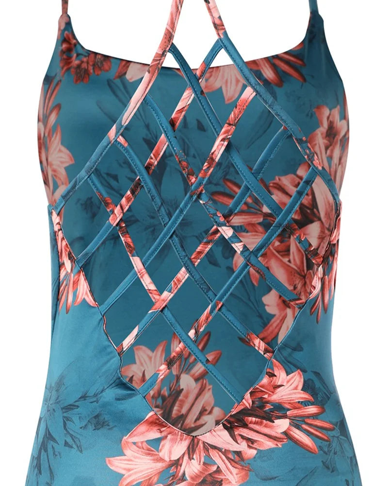 Sexy Women Summer Floral Print Fishnet Backless Bodycon Dress 	U-Neck Slim Fit Spaghetti Strap Midi Blue Dress Vacation Vestido