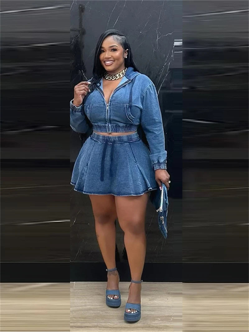 Hooded Denim Crop Top And Pleated Skirt Set for Women