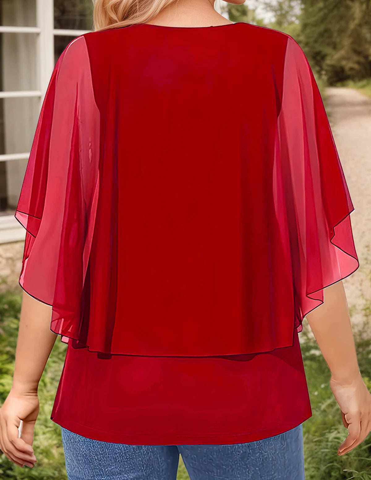 Women’s Plus Size Elegant Blouse Lace Patchwork 3/4 Sleeve Chiffon V-Neck Sequins Printed T-Shirt Double Layer Loose Female Tees