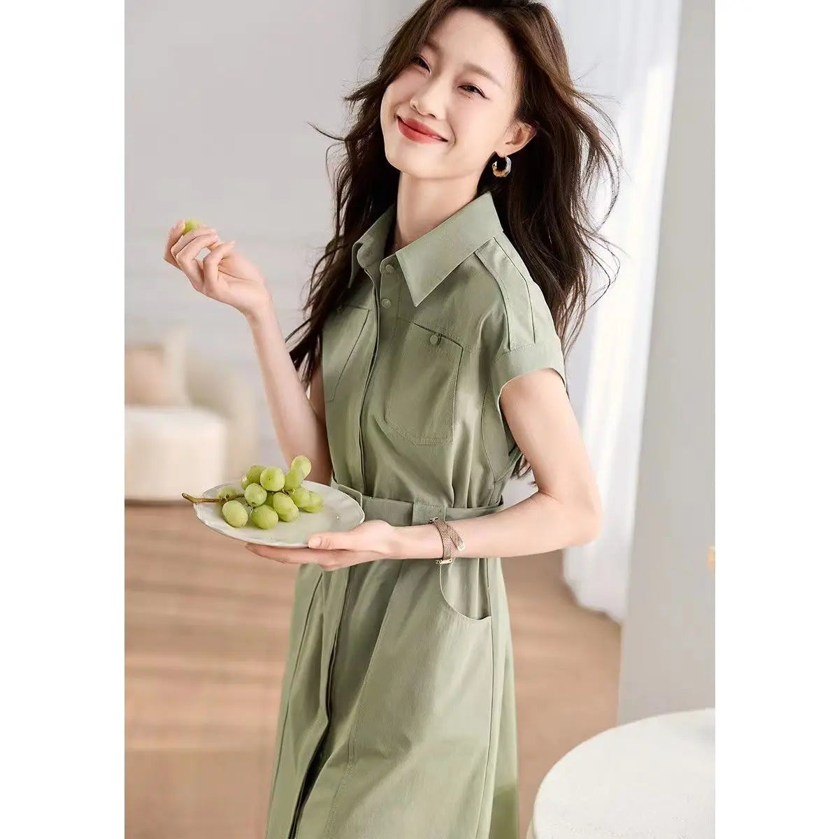 Single Breasted Green Midi Skirt With Pockets For Women