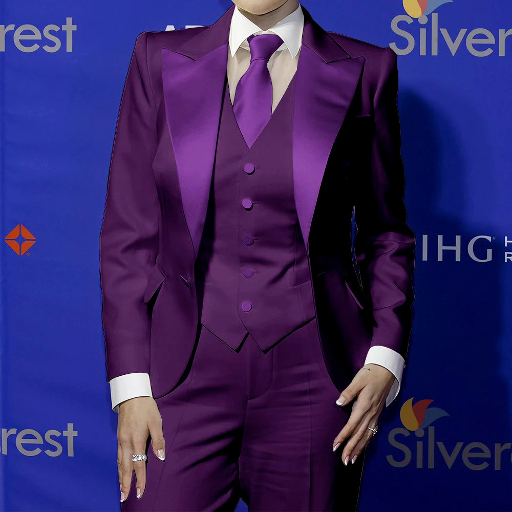 White Satin Lapel Tailored Three Piece Suit Set For Women