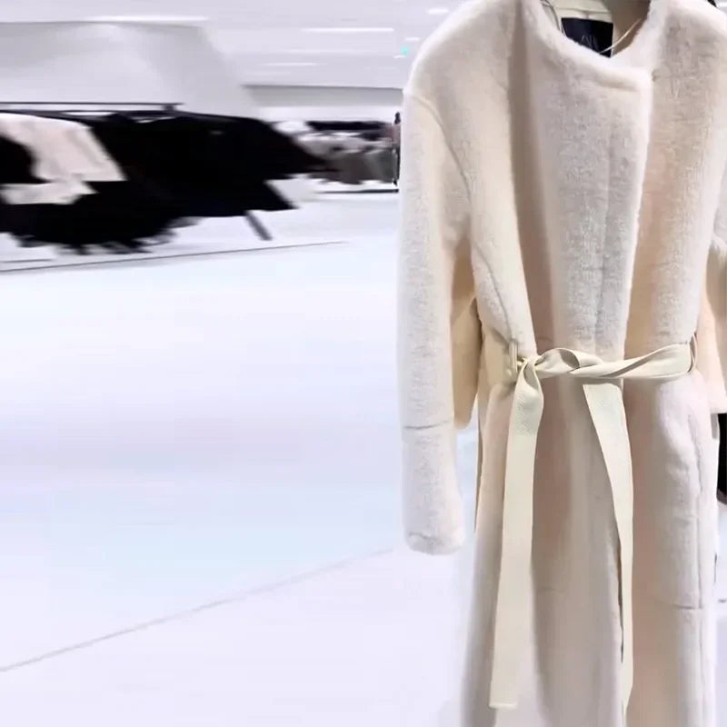 Lace Up Elegant White Faux Fur Long Coat for Women