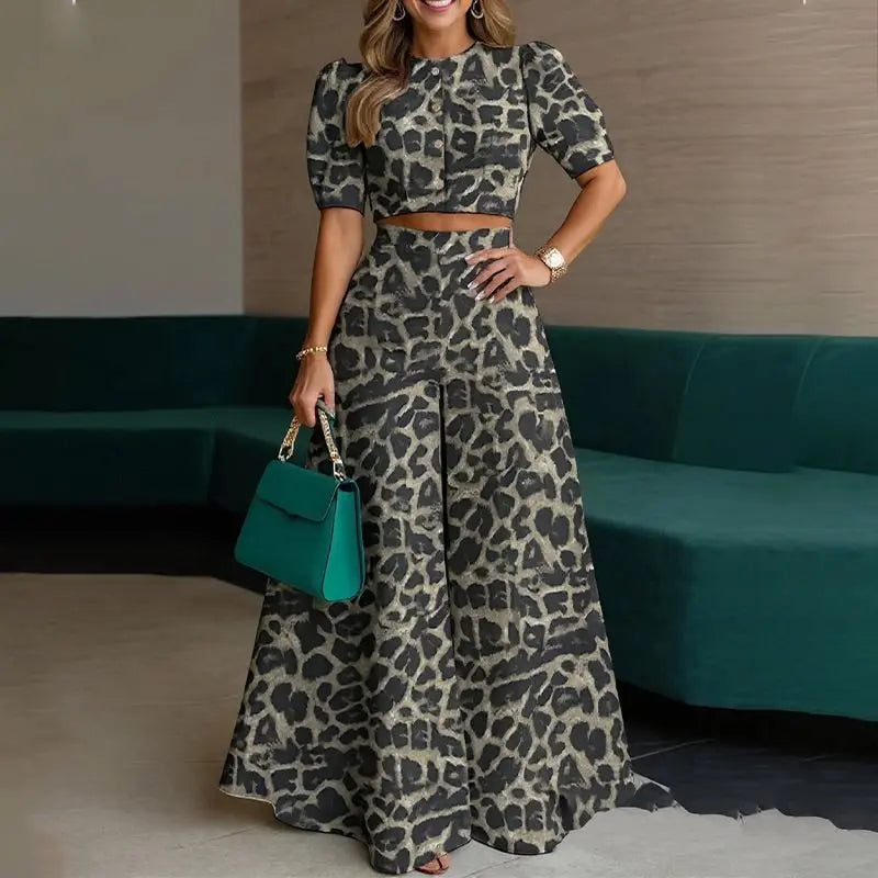 Elegant Two Piece Crop Top And Wide Leg Pants Set for Women