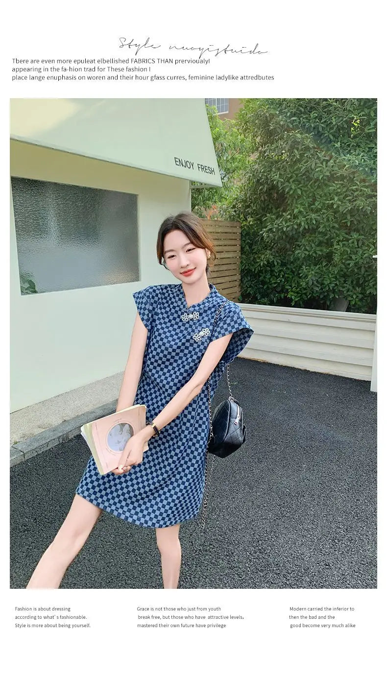 Checkered Ethnic Style Summer Lightweight A Line Dress for Women