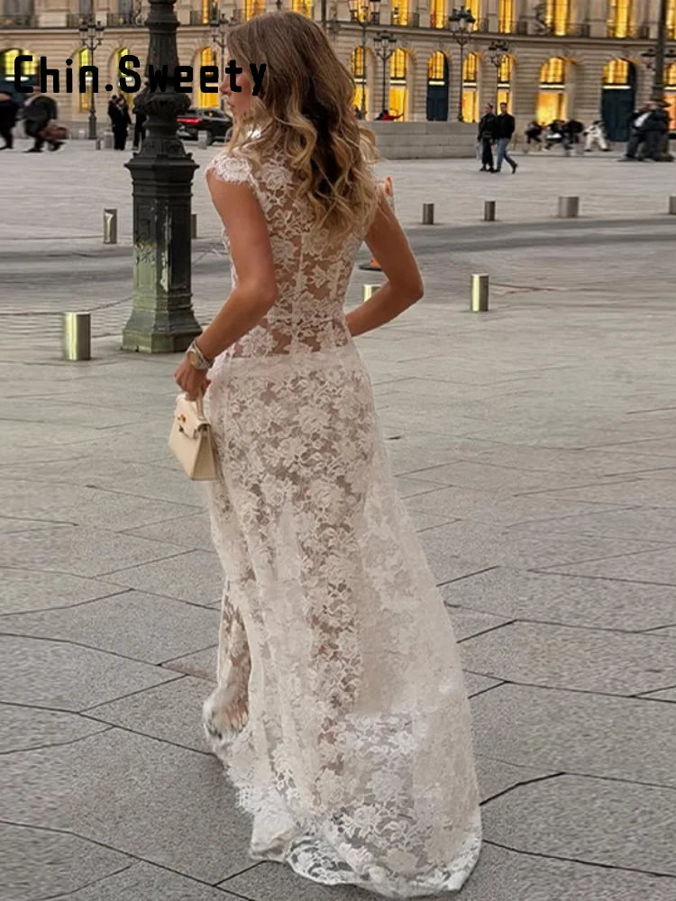 Elegant Lace Trim Two Piece Wide Leg Pant Set for Women