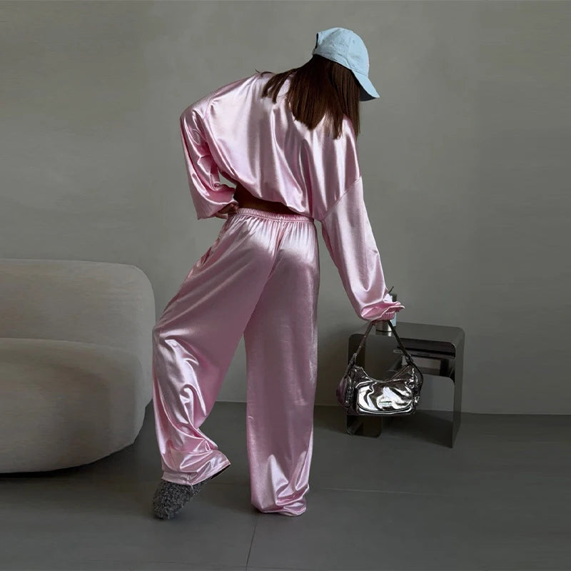 Loose Solid Satin Two Piece Pants Set With Zipper Jacket For Women