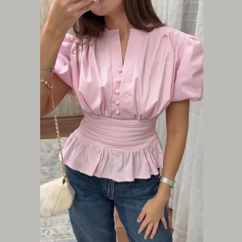 Elegant Puff Sleeve Cinched Waist Solid Color Blouse for Women