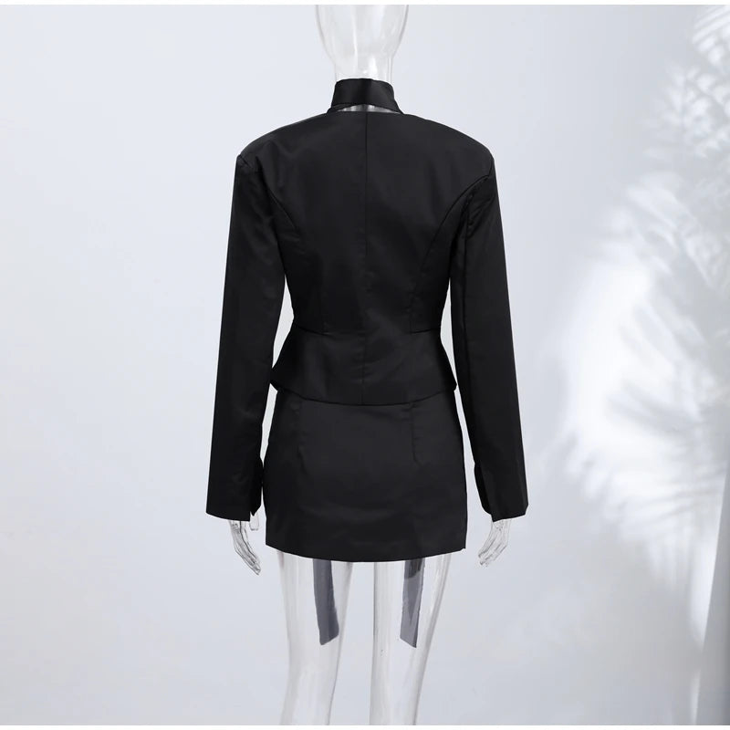 Turn-Down Collar Tailored Blazer Skirt Set for Women