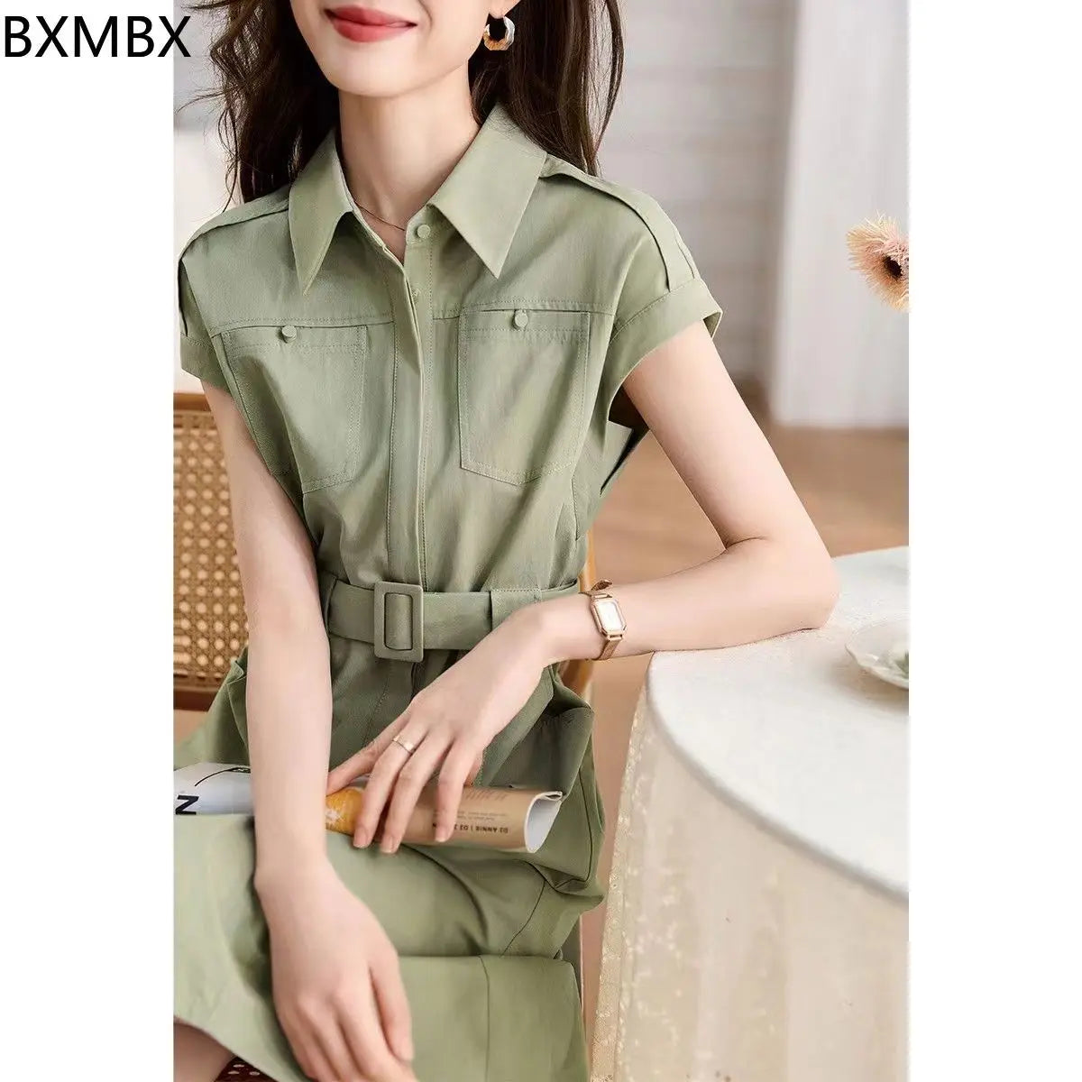 Single Breasted Green Midi Skirt With Pockets For Women