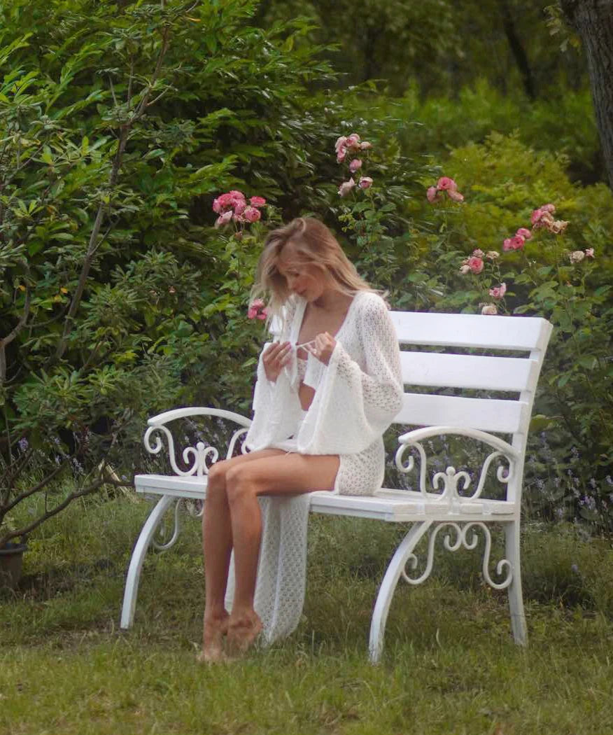 Sexy Knit Set White Cut Out Swimsuit Cover Up 2025 Women's Summer Bell Sleeve Lace-up Loose Top Beach Half Skirt Two-piece K136