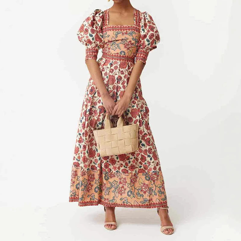 Elegant Square Neck Bubble Sleeve Top & Long Skirt Sets Women Fashion Floral Print Bohemian Outfits Summer Caual Party 2pc Suit
