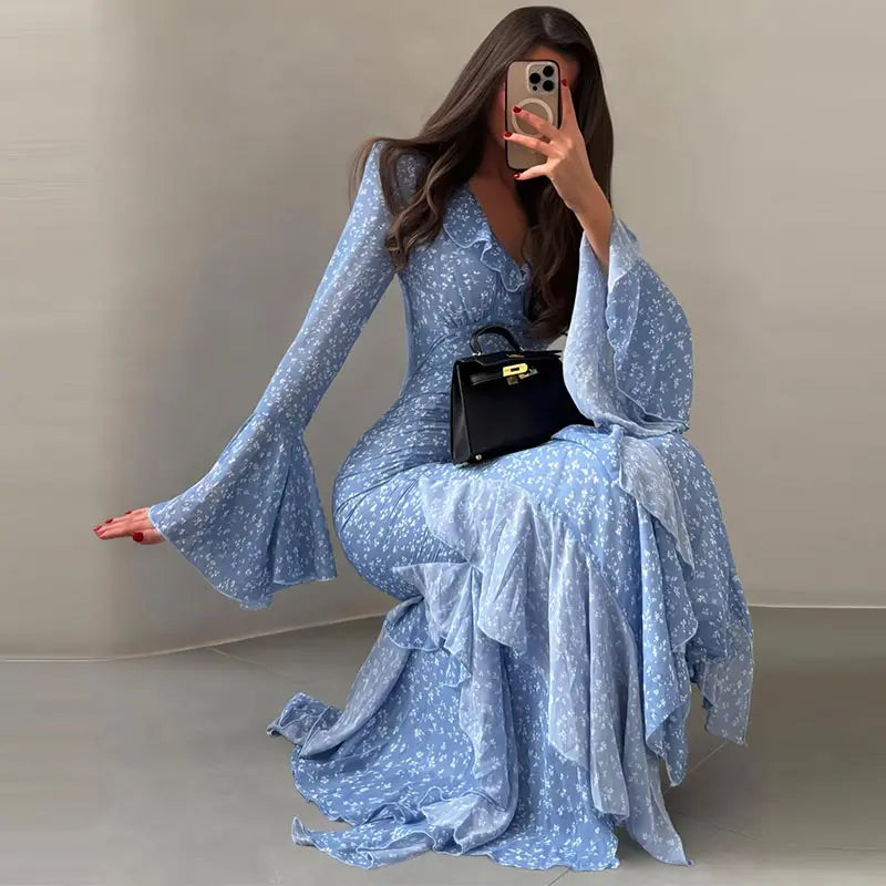 Printed V Neck Ruffle Sleeve Mid Calf Dress for Women