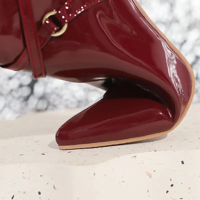 Glossy Patent Leather Pointed Toe Stiletto Ankle Boots for Women