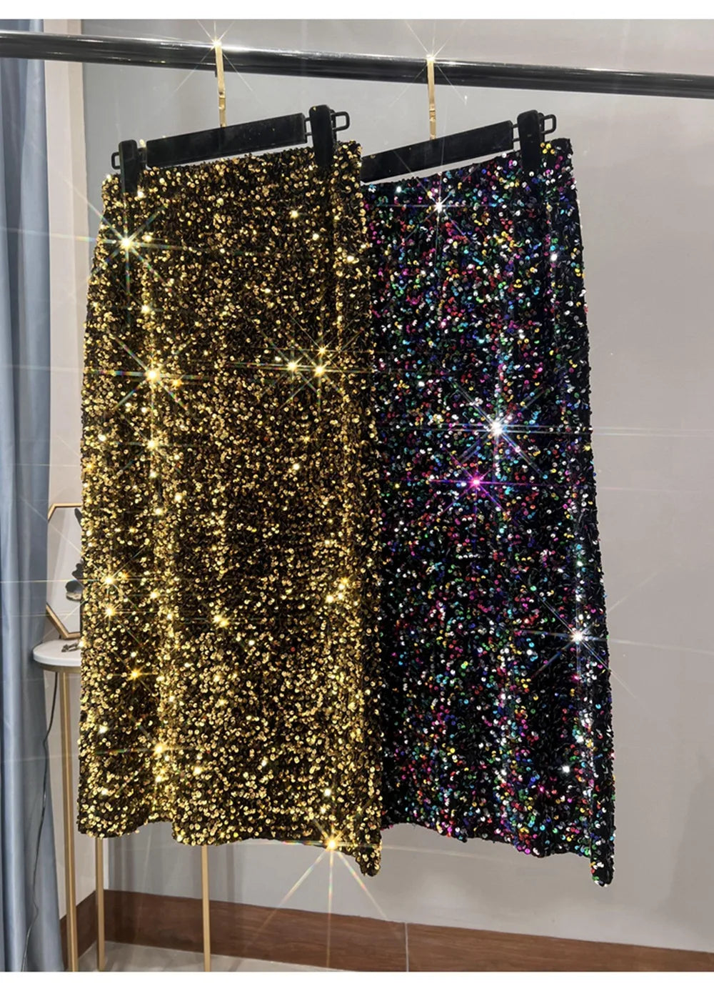 Blingbling New Autumn Winter All-match Mid-long Bodycon Skirt Colorful Sequins Elastic High Waist Slimming Lady Pencil Skirts