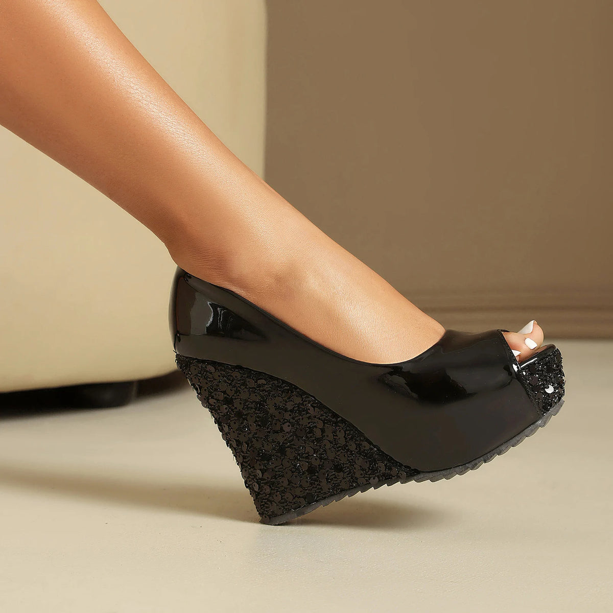 Sparkly Sequin Peep Toe Platform Wedge Sandals for Women