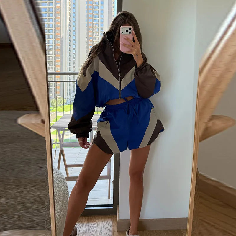 Contrast Color Zip Jacket and Shorts Two Piece Set for Women