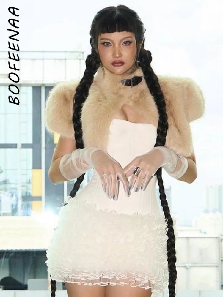 BOOFEENAA Fluffy Faux Fur Cropped Jacket Coat Woman Clothes Winter 2025 Streetwear Fashion Vest Top C85-EF24