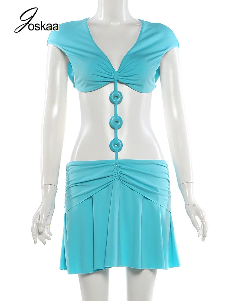 Blue Patchwork Buckle V Neck Bodycon Mini Dress for Women