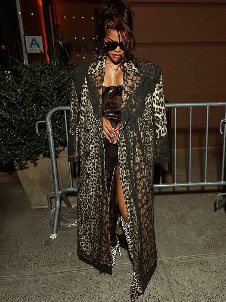 Cutemew Trench Leopard Print Coat Women Hipster Fall Warm Lapel Neck Full Sleeve Coquette Street Adjustable Belt Lady Outwear
