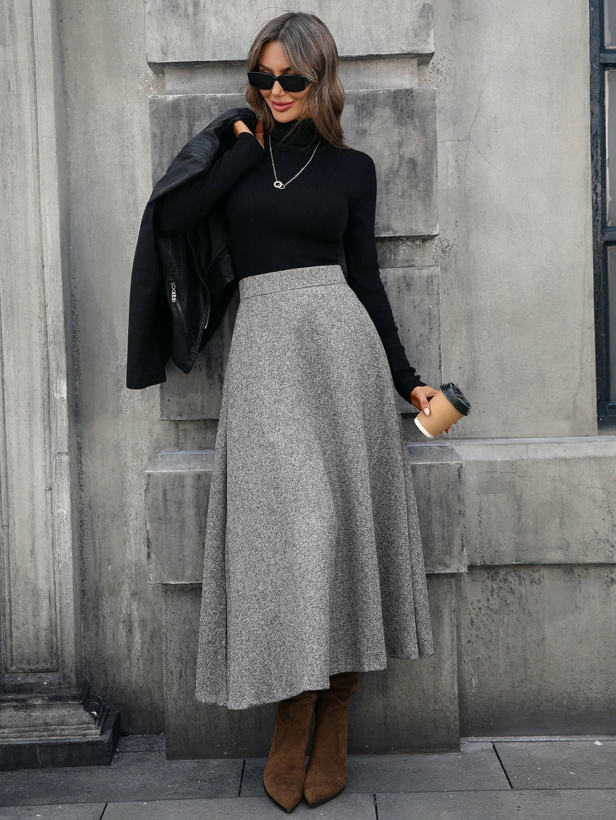 Tweed Ankle-Length A-Line Skirt with Elastic Waist for Women