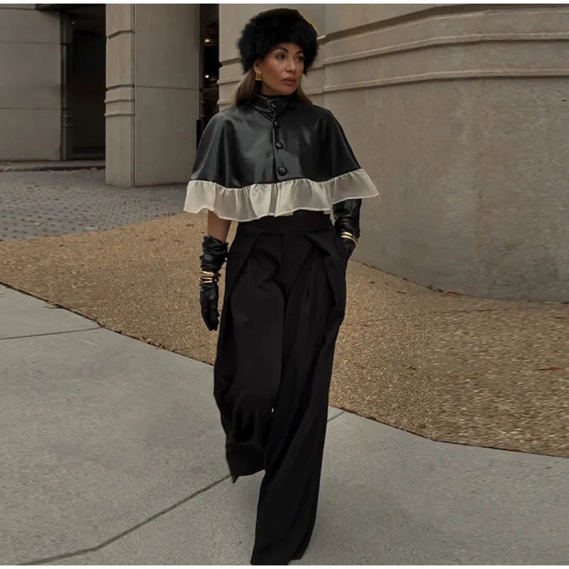 Elegant Mesh Patchwork Short Cape Coat With Stand Collar for Women