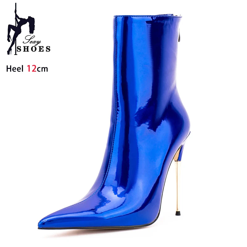 Shiny Blue Mirror Stiletto Boots with Side Zipper for Women