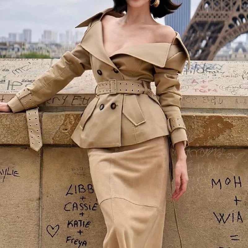 KUCLUT Fashion Elegant Versatile Large Lapel Waist Double-Breasted Short Trench Coat For Women Wrapped Hip Skirts Female 1A800