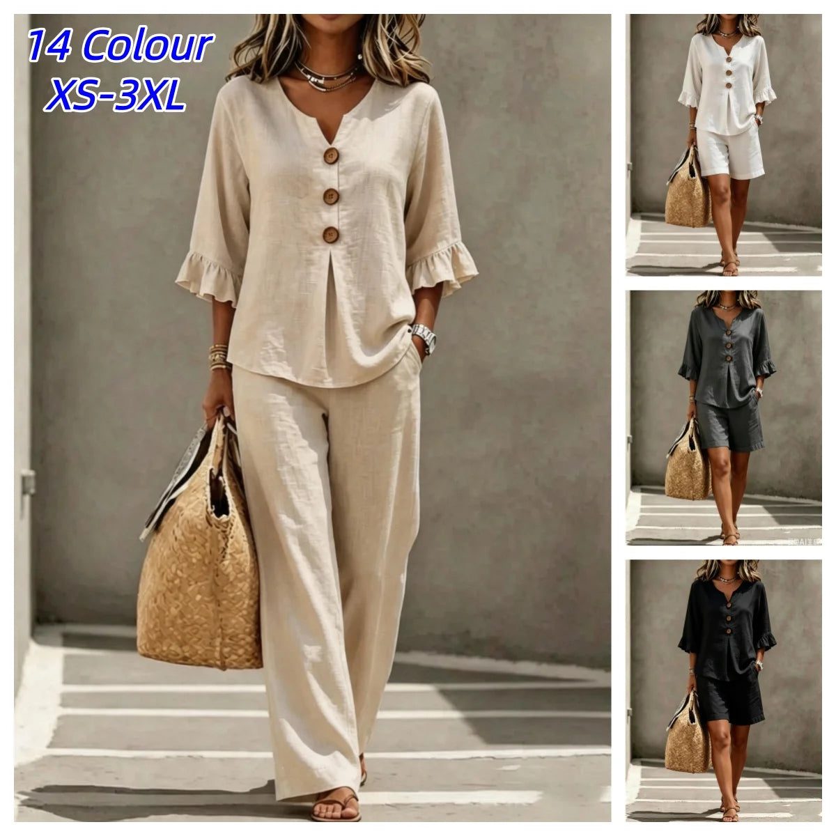 V-Neck Ruffled Two-Piece Top and Wide-Leg Pants Set for Women