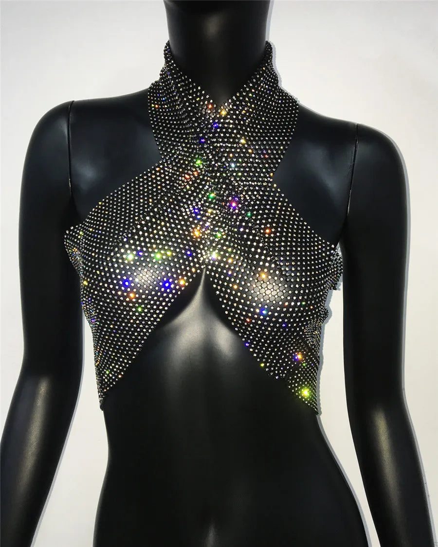 Rhinestone Fishnet Backless Halter Crop Top for Women