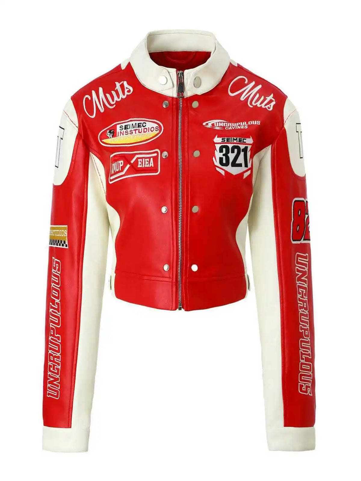 Contrasting Color Embroidered PU Leather Jacket for Women