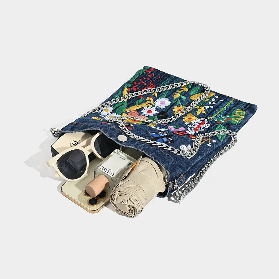 Embroidered Floral with Chain Shoulder Bag for Women