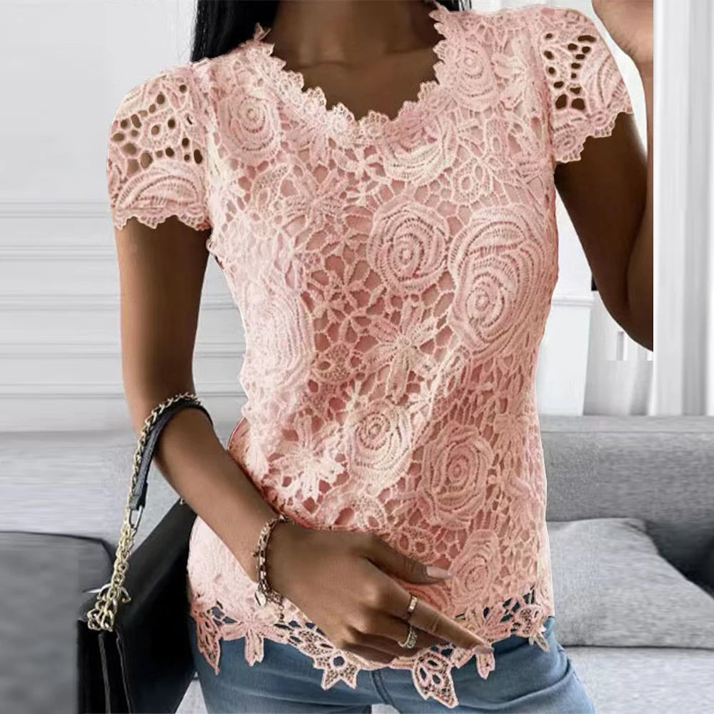 Womens Lace Round Neck Tops T-Shirts Ladies Summer Casual Short Sleeve Blouse Pullover Fashion Clothing For